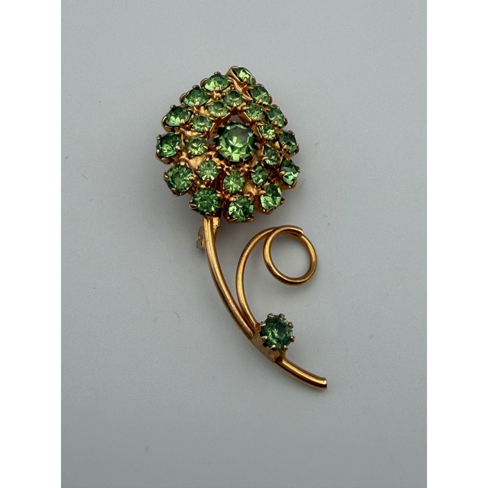 Vintage Green Rhinestone Flower Brooch Gold Tone Floral Pin Mid Century Jewelry
